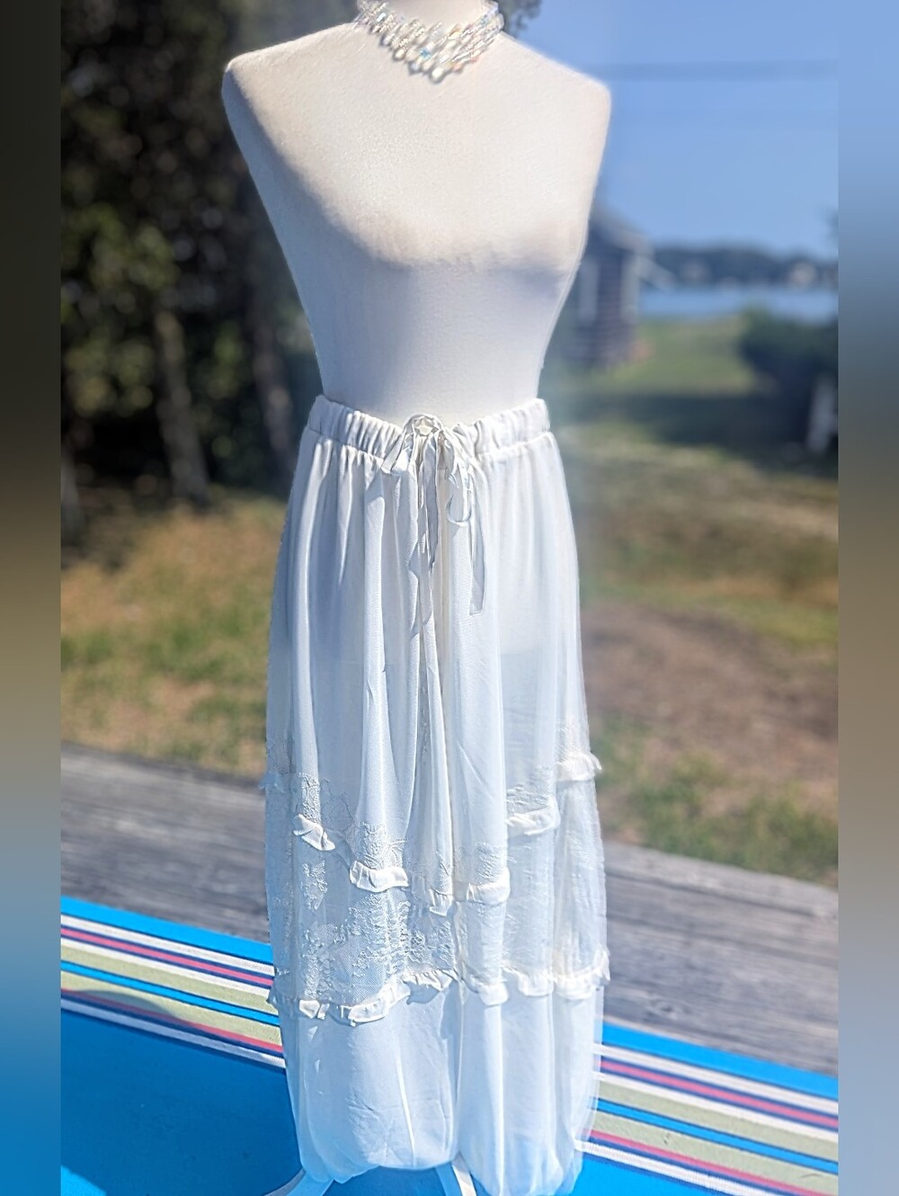 Anthropologie White Tiered Wide-Leg Palazzo Pants with Drawstring Waist